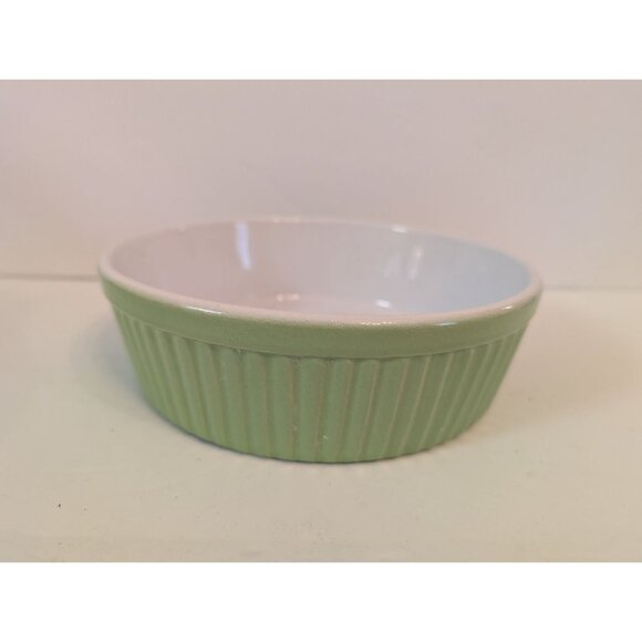 Green & White Ribbed Ceramic Casserole Dish Made In France 7" Diameter Oven-Safe - Picture 1 of 7